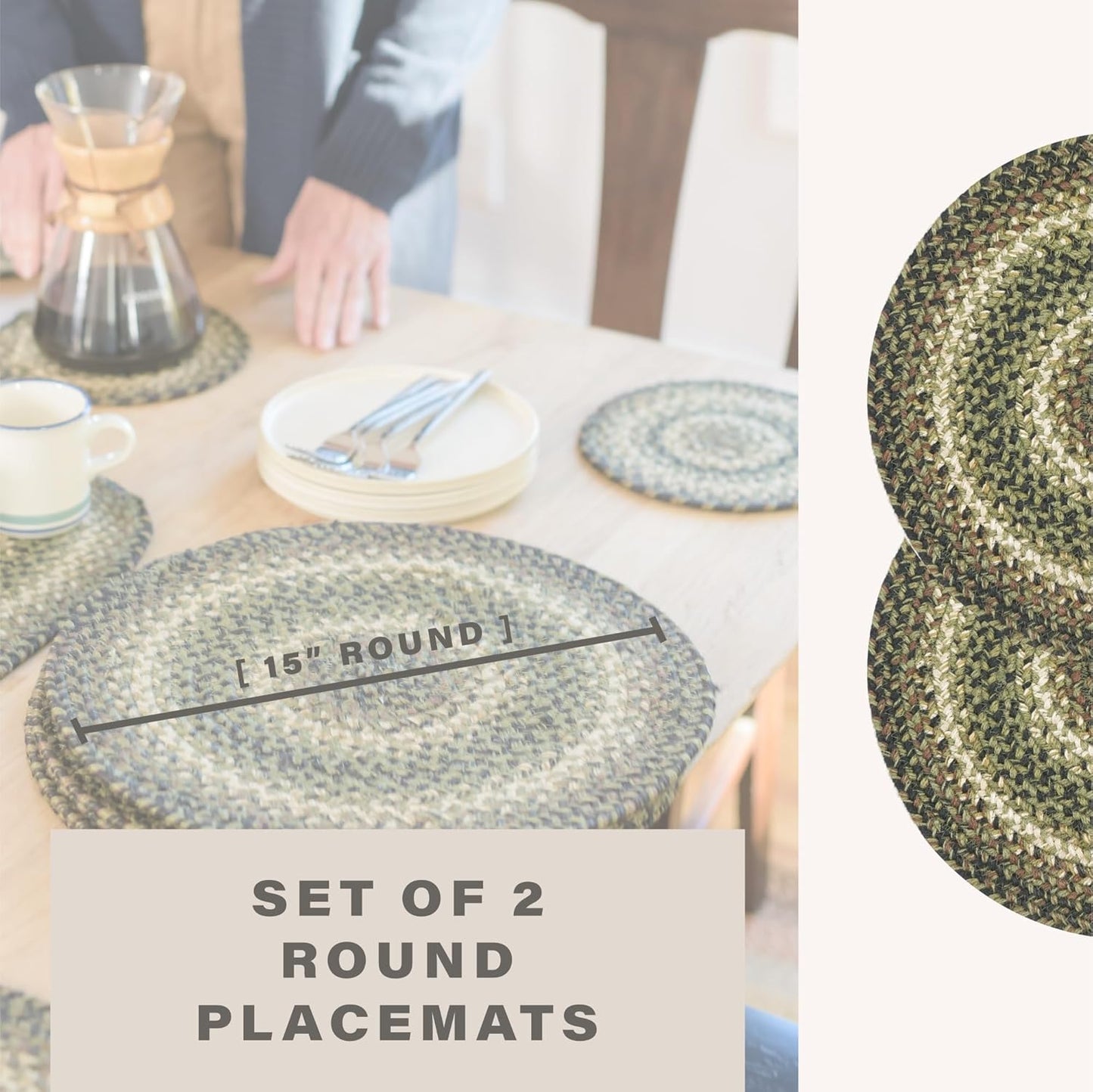 Homespice Pinecone Round Braided Placemats, Warm Country Rustic Decor, Set of 2, 15", Green Jute Table Mats - Vibrant Colors, Durable, Easy to Clean and Protects Furniture