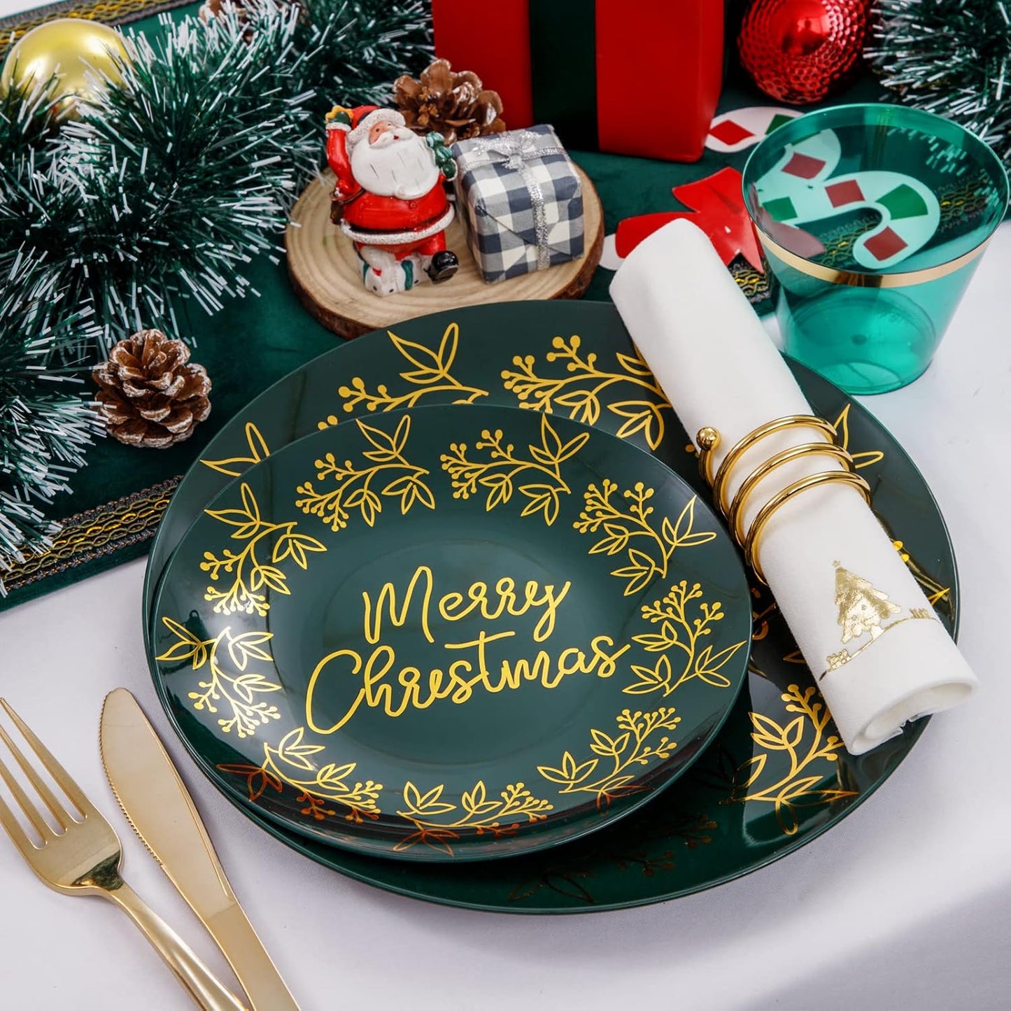 Morejoy 175Pcs Green Gold Christmas Plastic Place Setting, Includes Plates, Cutlery, Cups, Napkins, for Party