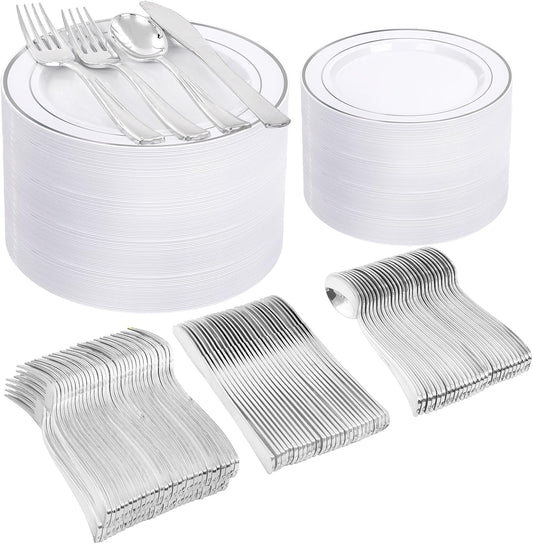 I00000 600pcs Silver Dinnerware Set for 100 Guests, Silver Plastic Plates Plastic Silverware Set of 100 Dinner Plates, 100 Salad Plates, 200 Forks, 100 Spoons,100 Knives for Party & Wedding