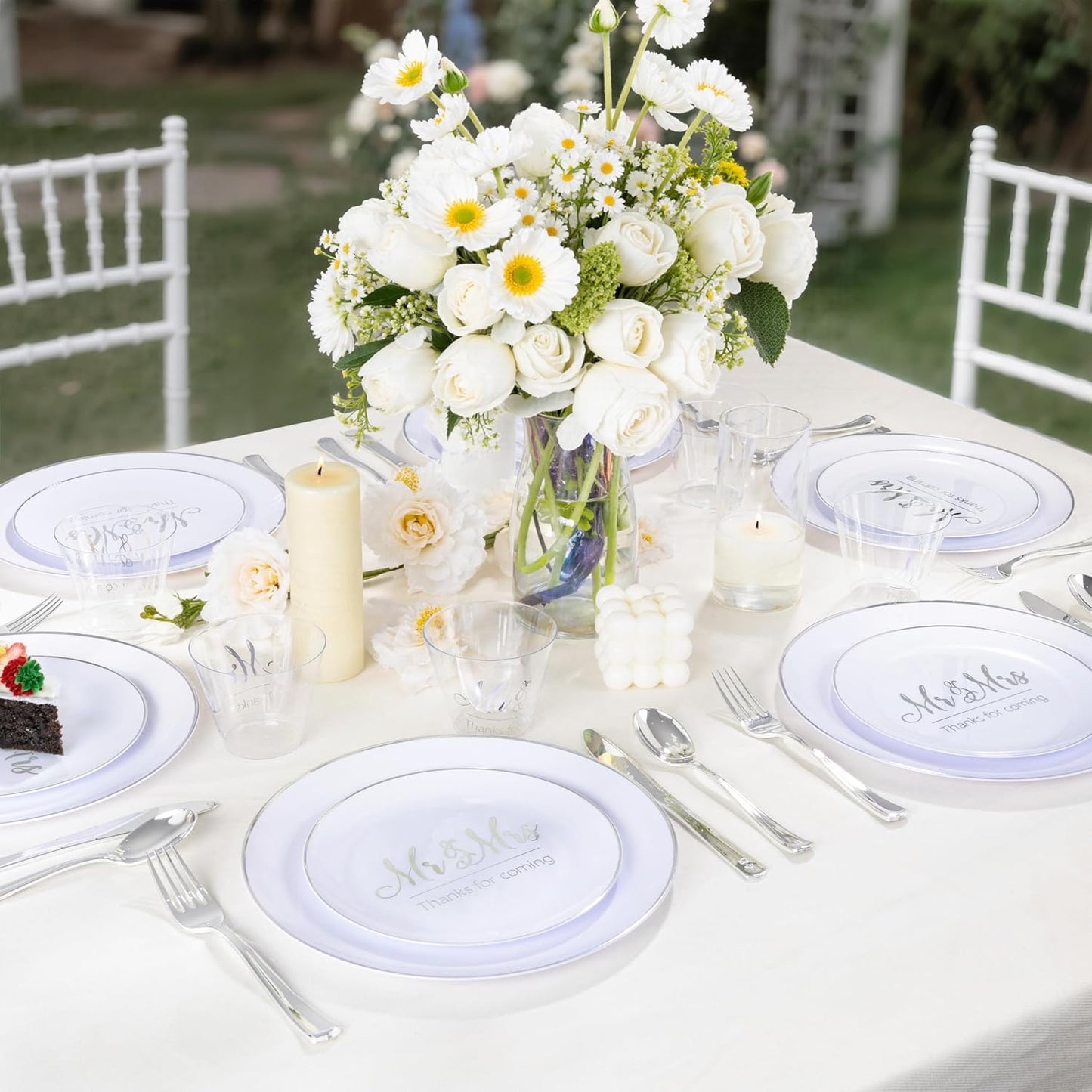 175 Mr and Mrs Silver Wedding Plastic Plates and Napkins Set,Bridal Shower Plates Set for 25 Guests Include 25Dinner Platos,25Dessert Platos,25Cups,25Napkins,25Gold Cutlery for Engagement Party Decor