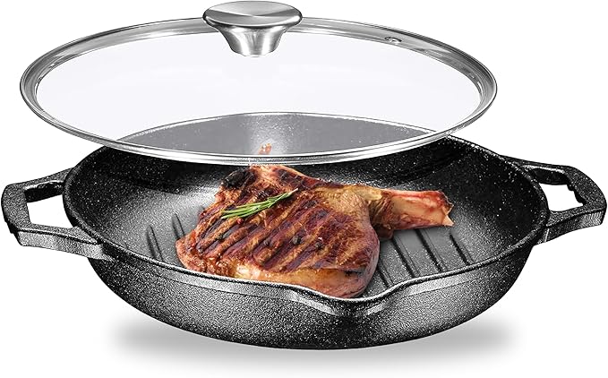Bruntmor Enameled Cast Iron Skillets - 10-Inch Round Grill Pans for Stove Tops with Glass Lid - 3.5 Quarts Large Frying Pan with Double Loop Handles - Safe for Oven and All Cooking Tops - Black