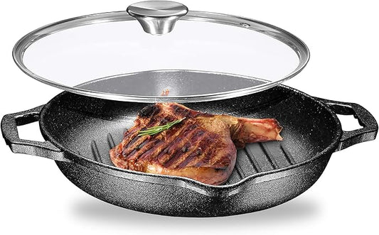 Bruntmor Enameled Cast Iron Skillets - 10-Inch Round Grill Pans for Stove Tops with Glass Lid - 3.5 Quarts Large Frying Pan with Double Loop Handles - Safe for Oven and All Cooking Tops - Black