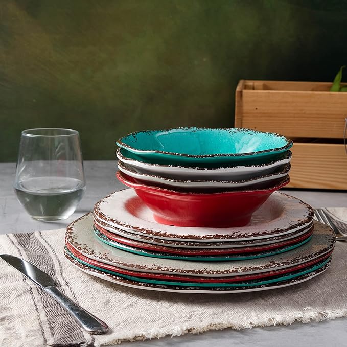 LEHAHA BPA Free Rustic Melamine Plate and Bowl Dinnerware Set Perfect for Indoor Outdoor Dining Party, Camping, 12 Piece Unbreakable Dinnerware Set, Service for 4