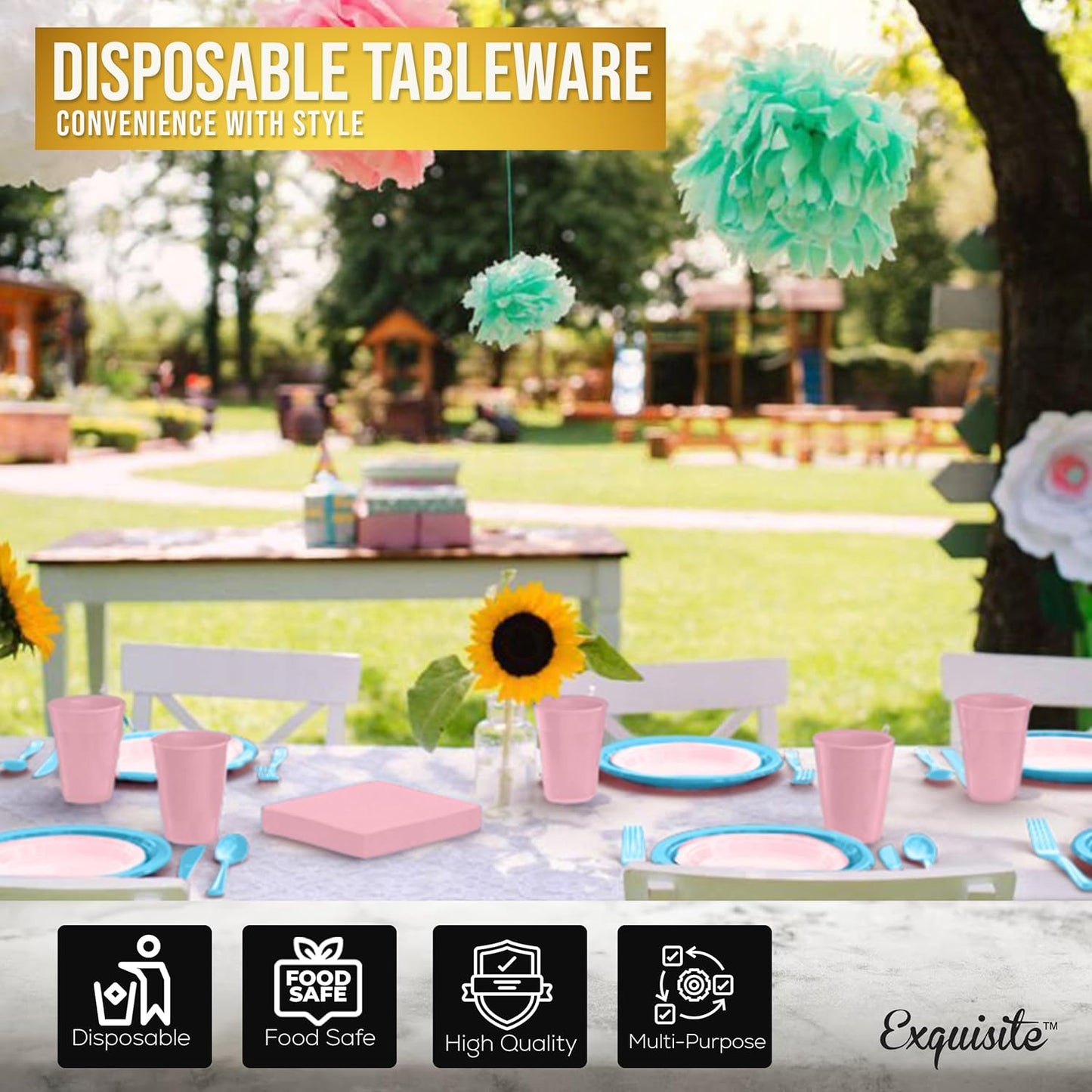 Party Solids 350 Pieces Gender Reveal Plastic Plates For Party, Gender Reveal Disposable Plates Set, 50 Of Each 9" Dinner Plate Set, 7" Dessert Plate, Cups, Napkins & Cutlery Plastic Dinnerware