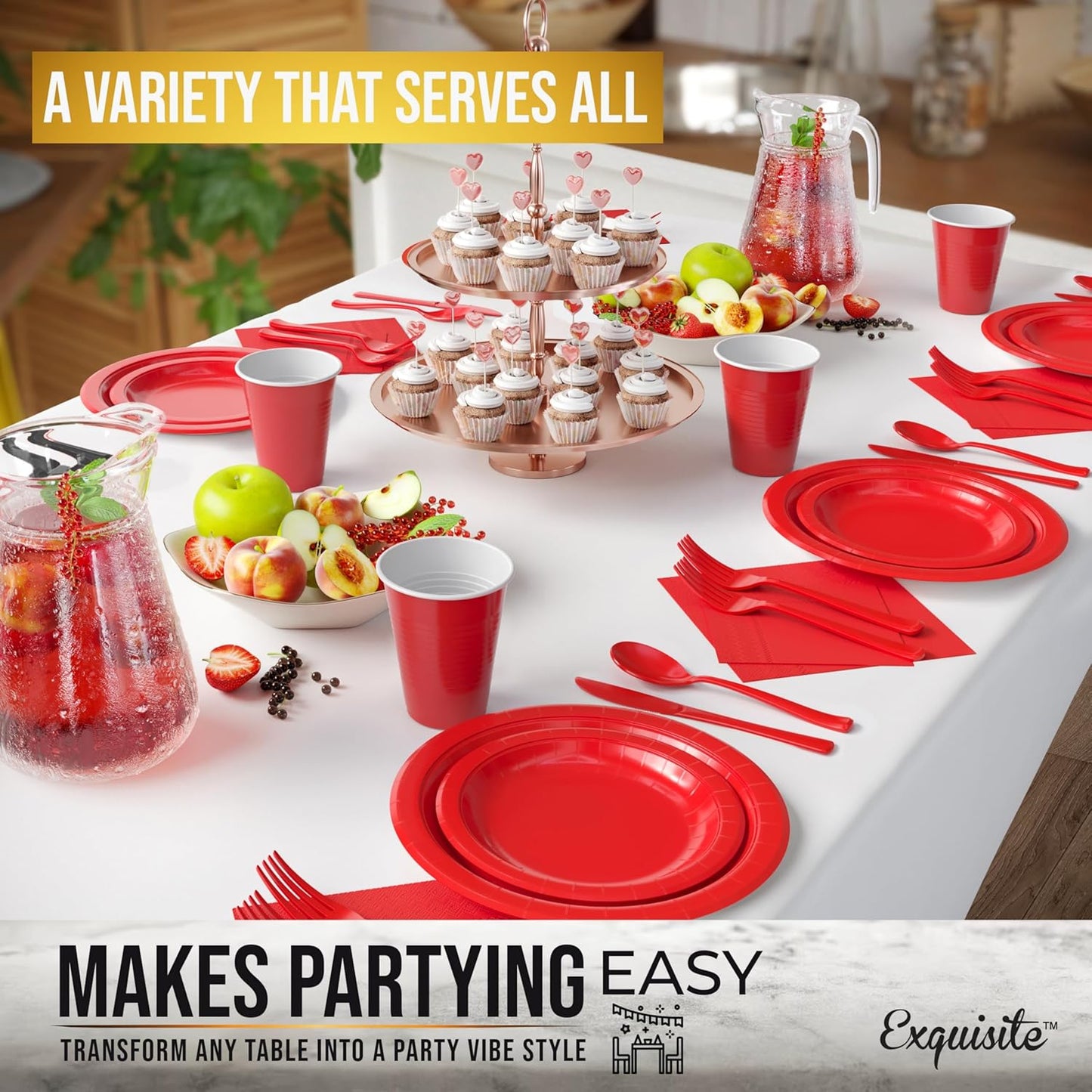 222 Pcs Red Paper Plates and Napkins Sets, Disposable Plates For Party, Lunch & Cocktail Napkins Paper, 18oz Plastic Cups, Cutlery and Red Table cloth Plastic Dinnerware Set
