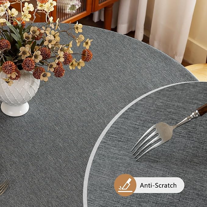 Fabric 60 Inch Grey Round Table Cloth, Faux Linen Textured Stain Resistant & Reusable Circle Tablecloth, Spill Proof for Dinning Kitchen Party