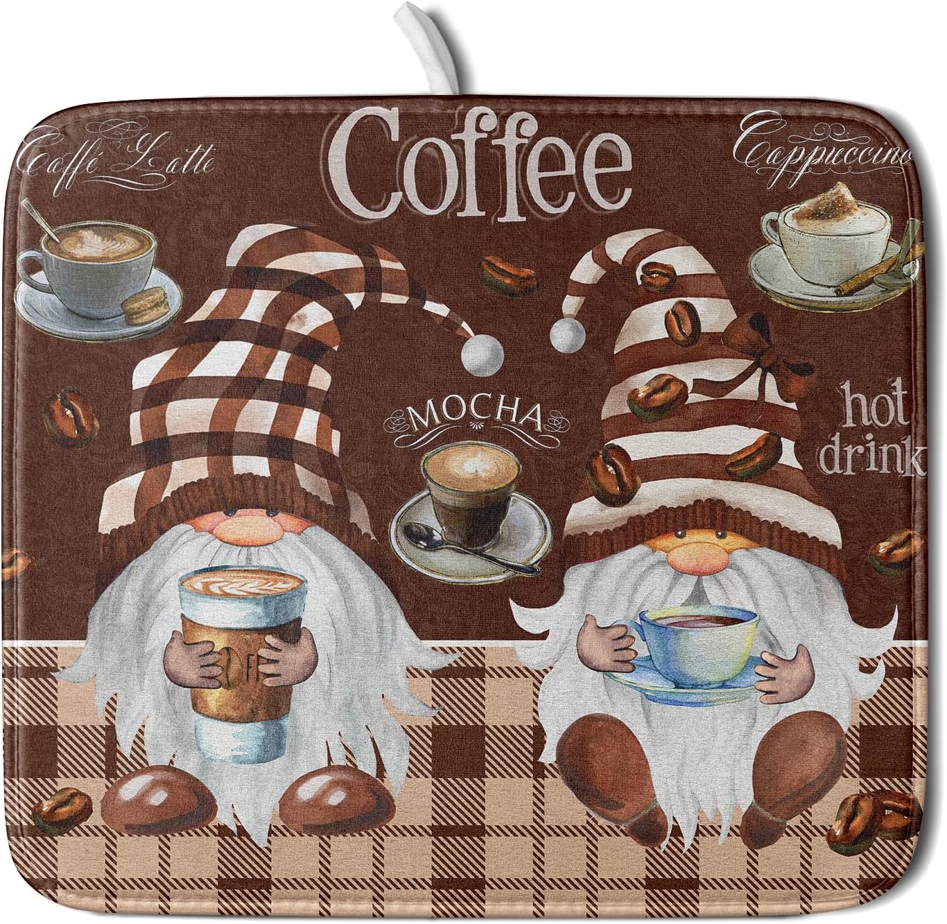 Coffee Gnomes Dish Drying Mat - Brown Plaid Absorbent Quick Dry Dishes Cups Rack Mats Anti Slip Microfiber Pad Under Coffee Maker Espresso Machine Kitchen Counter Bar Accessories 16 x 18 Inch
