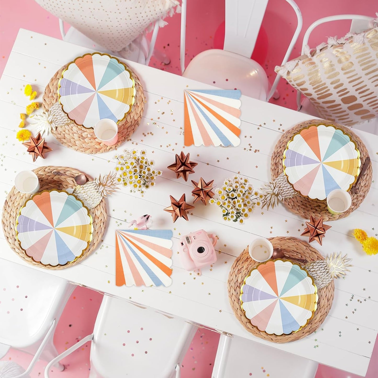 72PCS Colored Paper Plates and Napkins Party Supplies, Gold Foil Edge Scalloped Striped Pastel Plates Napkins Disposable Tableware Set for Birthday Wedding Baby Shower Graduation Party Decoration