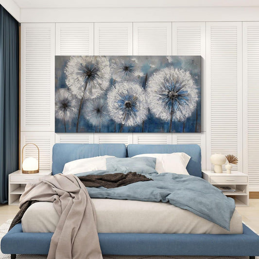 Dandelion Wall Art Blue Large Picture for Living Room Canvas Art Wall Decor Above Bed White Flower Artwork for Walls Wall Paintings Modern Art Aall Decor Framed Wall Art for Bedroom 29×58IN
