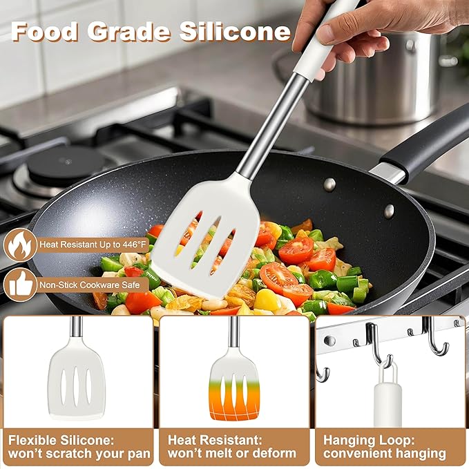 LIANYU Silicone Cooking Utensils Set, 6 Piece Kitchen Cooking Utensils Set, Heat Resistant Kitchen Spatula Gadgets Tools for Nonstick Cookware, Stainless Steel Handle, Dishwasher Safe, White