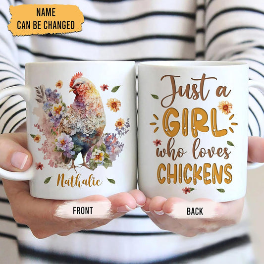Hyturtle Personalized Gifts Chicken Lover - Just A Girl Who Loves Chickens Custom Name Ceramic Coffee Mug Cup 11oz - Idea Cute Animal Lover Gifts For Women, Girl kid Daughter On Birthday, Christmas