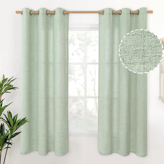 YoungsTex Sage Green Linen Curtains for Bedroom 63 Inch Long with Bronze Grommet Privacy Light Filtering Drapes for Short Living Room Rustic Office, 38 x 63 Inch, 2 Panels