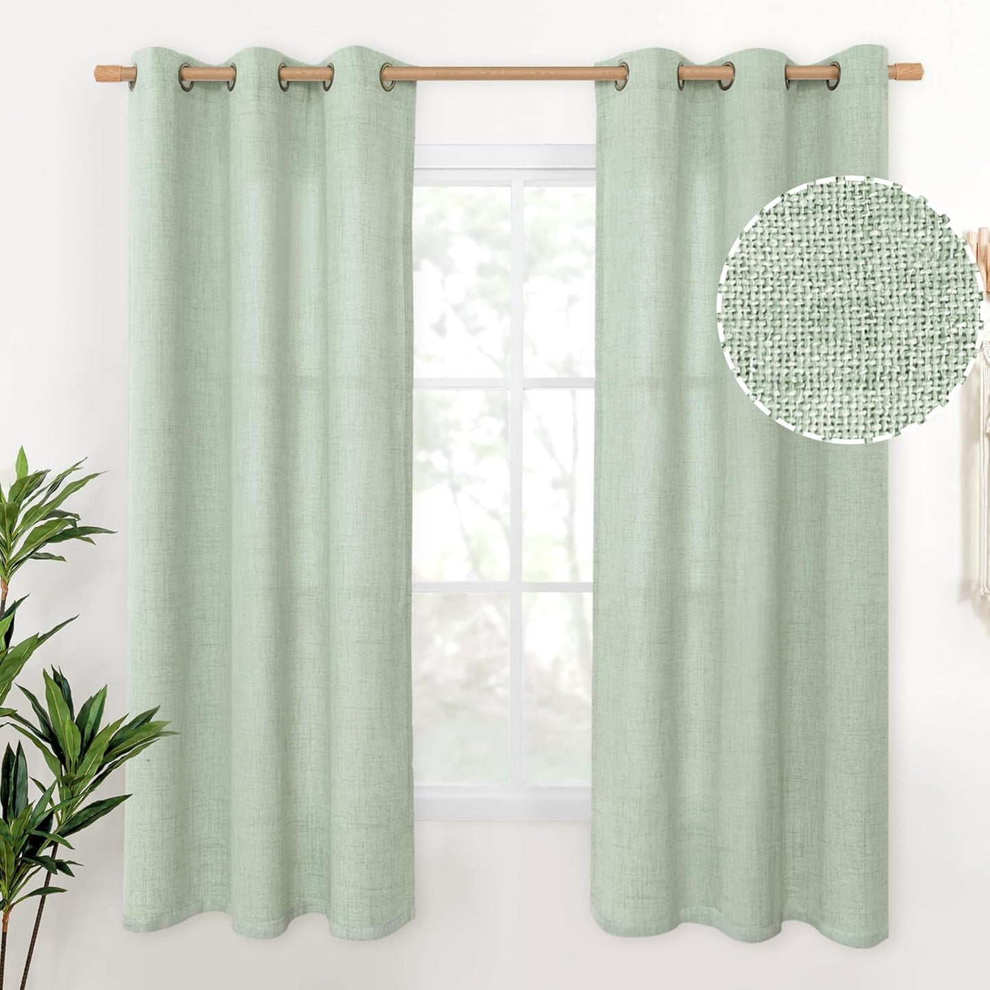 YoungsTex Sage Linen Curtains 63 Inch Length, Light Filtering Window Drapes with Bronze Grommet for Bedroom Short Window Rustic Country Spring Decorative, 42 x 63 Inch, 2 Panels