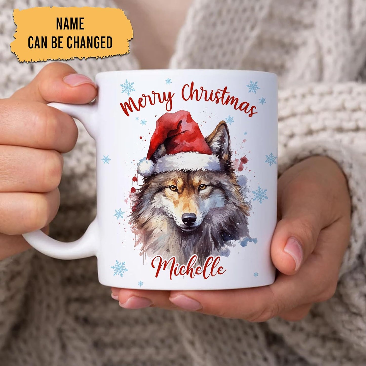 Hyturtle Personalized Gifts Wolf Lover - Wolf Wearing Santa Hat Custom Name Ceramic Coffee Mug Cup 11oz - Cute Animal Lovers Gifts For Women, Girl kids Family On Birthday, Christmas