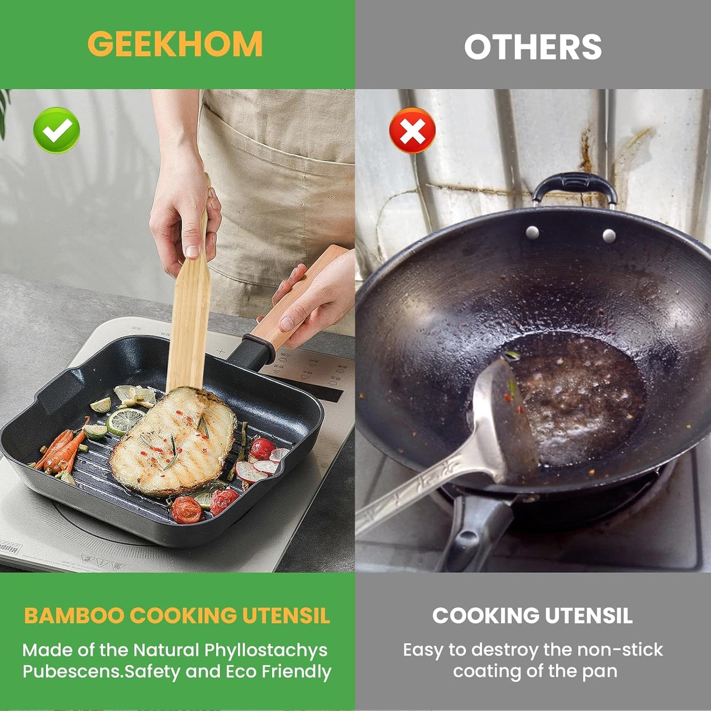 GEEKHOM Bamboo Spatulas, 13 Inch Wooden Kitchen Utensils, 2 Pack Wood Spurtle Set for Cooking, Slotted Wok Turners, Flipper for Nonstick Cookware Stirring, Serving Mixing Scraping