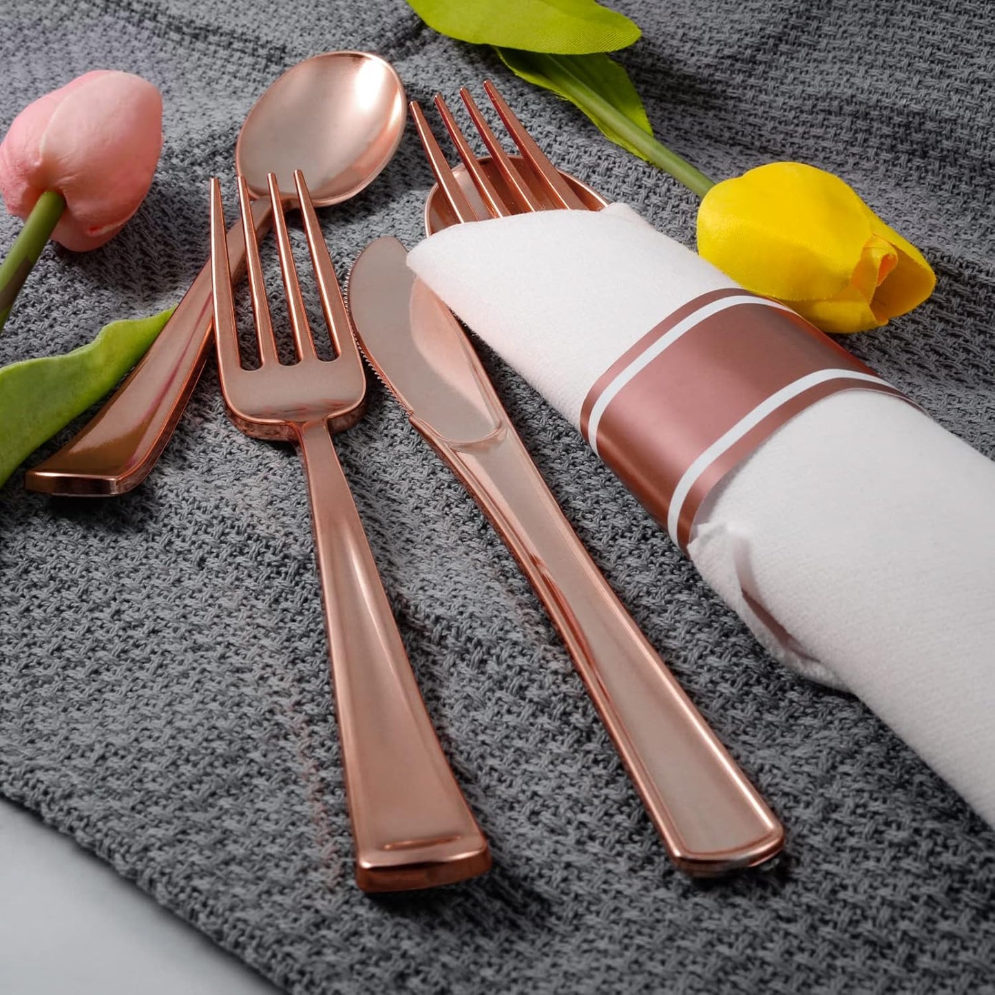 Rose Gold Disposable Plastic Silverware - 100Pack Pre Rolled Plastic Cutlery, Wrapped Party Silverware, Rolled Disposable Utensils with 100 Forks Knives Spoons Dinner Napkins for Party