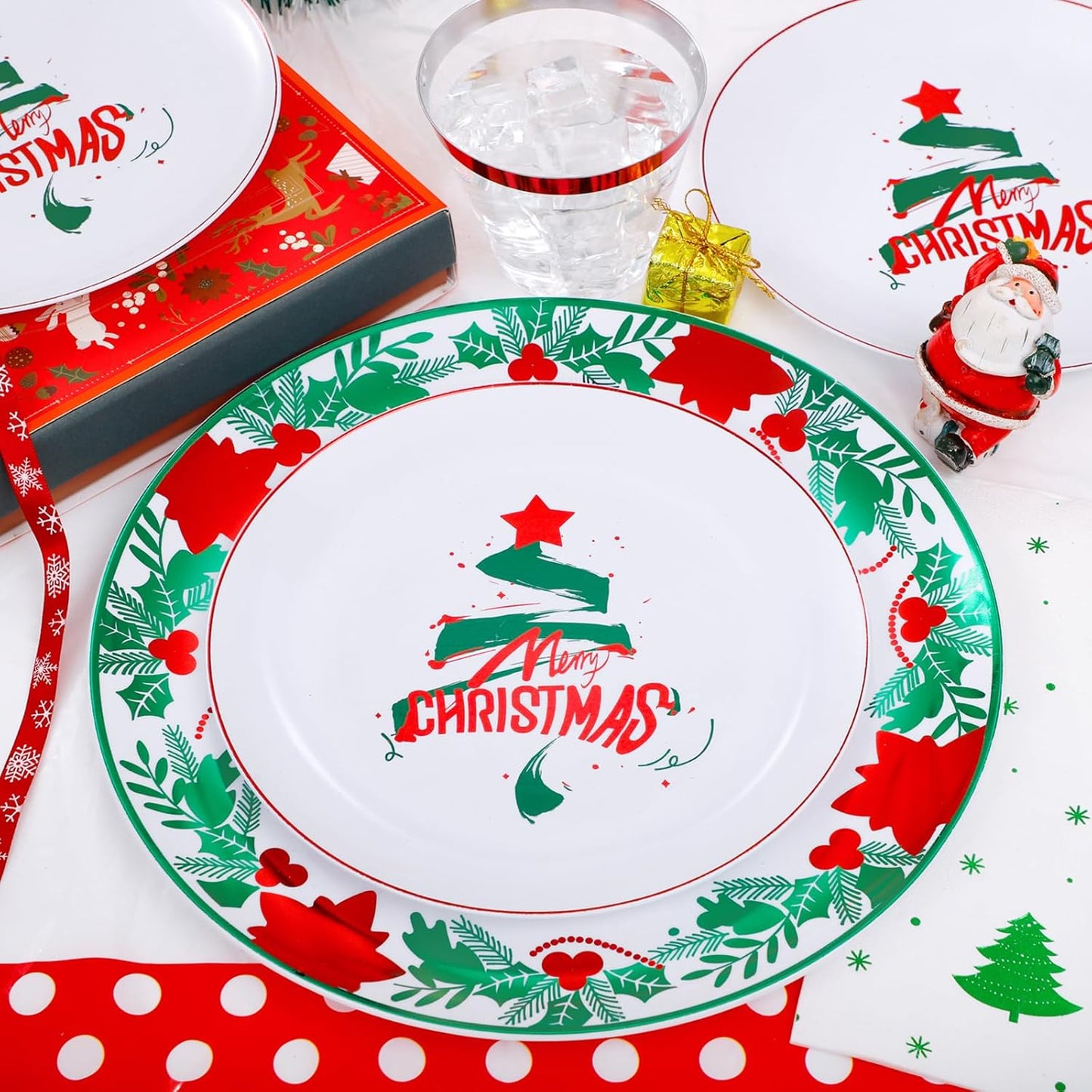 GATHER 176 Pieces of Christmas Plates - Disposable Plastic Dinnerware Set - Christmas Tree Includes 50 Plates 75 Plastic Silver Cutlery 25 Cups 25 Napkins and Tablecloths