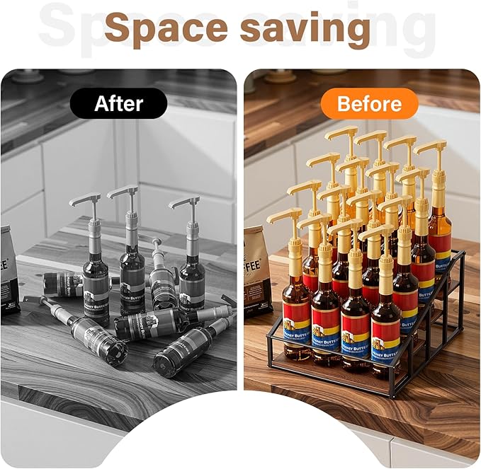 Coffee Syrup Organizer Rack, Liquor Bottle Display Shelf, 4 Tier 16 Syrup Bottles Holder Stand for Coffee Bar Kitchen Small Wine Rack for Family Storage for Syrup Wine Dressing