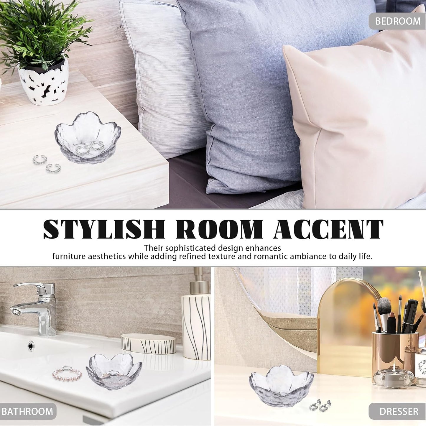 4 Pack Ring Dish Jewelry Tray, Small Glass Trinket Dish, Decorative Aesthetic Ring Holder Plate Bowl for Women Earring Bracelet for Vanity Nightstand (Crystal Grey)