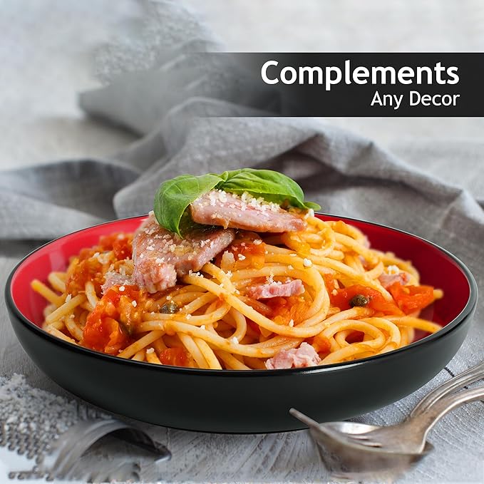 MIAMIO – 30 Oz / 8.6 Inch Set of 6 Pasta Bowls/Salad Bowls, Pasta Plates Wide and Shallow Bowl, Large Ceramic Stoneware Deep Plate Serving Soup - Le Papillon Collection (Red)