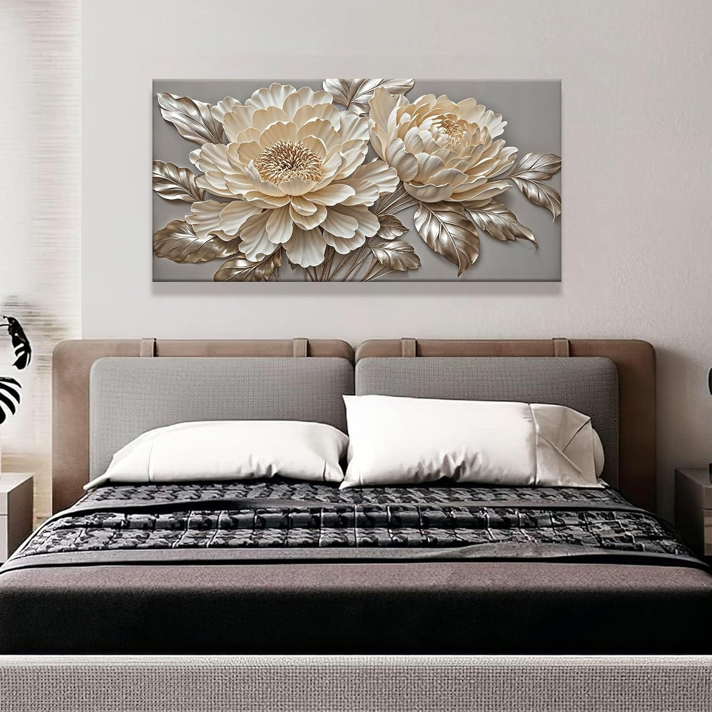 Tsomzxng Modern Wall Art White Wall Art Minimalist Elegance Canvas Art Wall Decor Painting Artwork White Flower Wall Decor Prints Pictures For Bedroom Office Home Decoration 20" X 40"