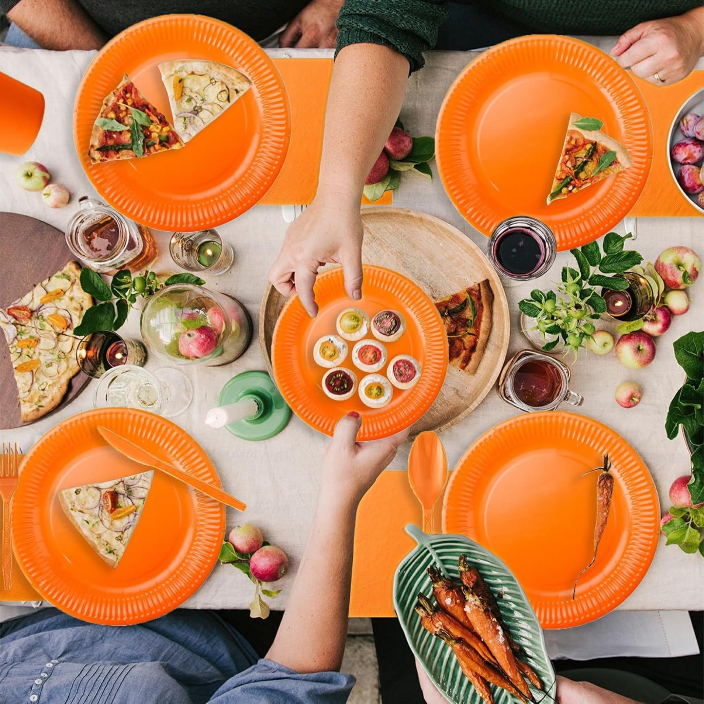 210pcs Orange Paper Plates Disposable Tableware Party Supplies- Includes 9" Dinner Plates, 7" Dessert Plates, 9oz Paper Cups, Napkins, Plastic Forks, Knives And Spoons For All Holiday Parties
