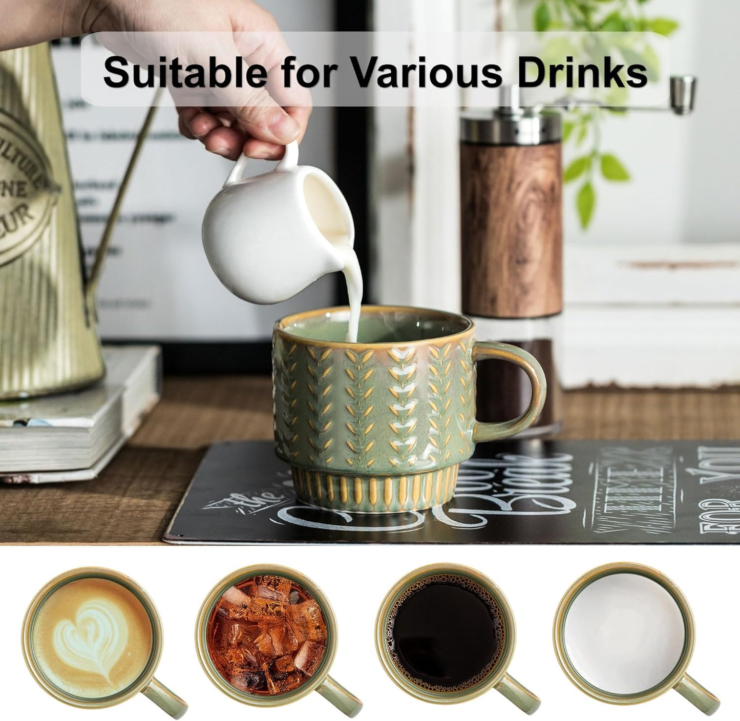 Coffee Mugs Set of 4 with Spoons & Rack, Stackable Espresso Cups 13oz Coffee Mug for Drinks Latte Cappuccino Tea, Turkish Coffee Cup for Housewarming Wedding Gift, Dishwasher Safe