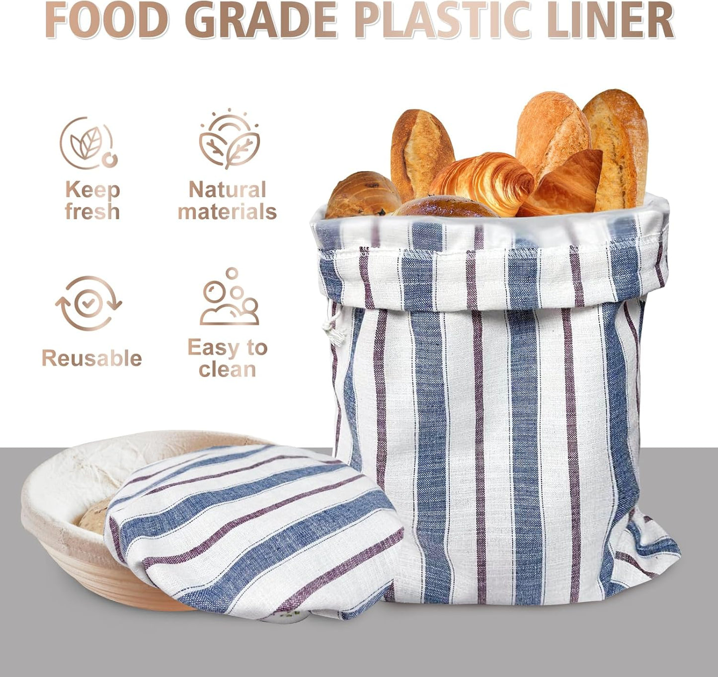 3 Packs Reusable Linen Bread Bags for Homemade Sourdough, Large Easy to Clean TPU Lining Storage Bags with Proofing Bowl Cover, Store Bread & Keep Fresh, Baking Supplies Gift for Bakers