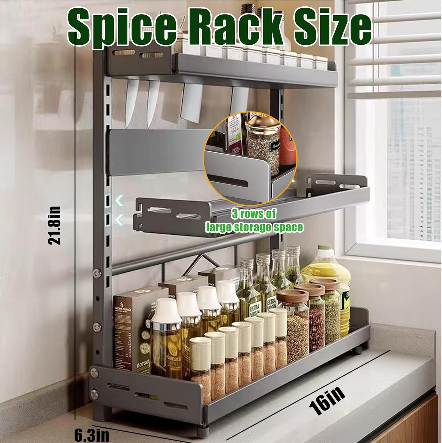 Spice Organization for Cabinet | 3 Tier Standing Height-Adjustable Spice Rack | Large Metal Rust-Proof Seasoning Organizer | Kitchen Storage Organization Shelf for Pantry Bathroom (3-40CM Grey)