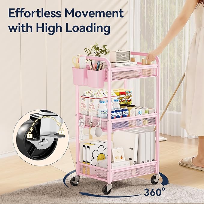 YASONIC 3 Tier Rolling Cart – Metal Utility Storage Cart with Wheels, Craft Cart Organizer with Hanging Cups, Hooks, Mesh Basket for Bedside Kitchen Office Art, Pink