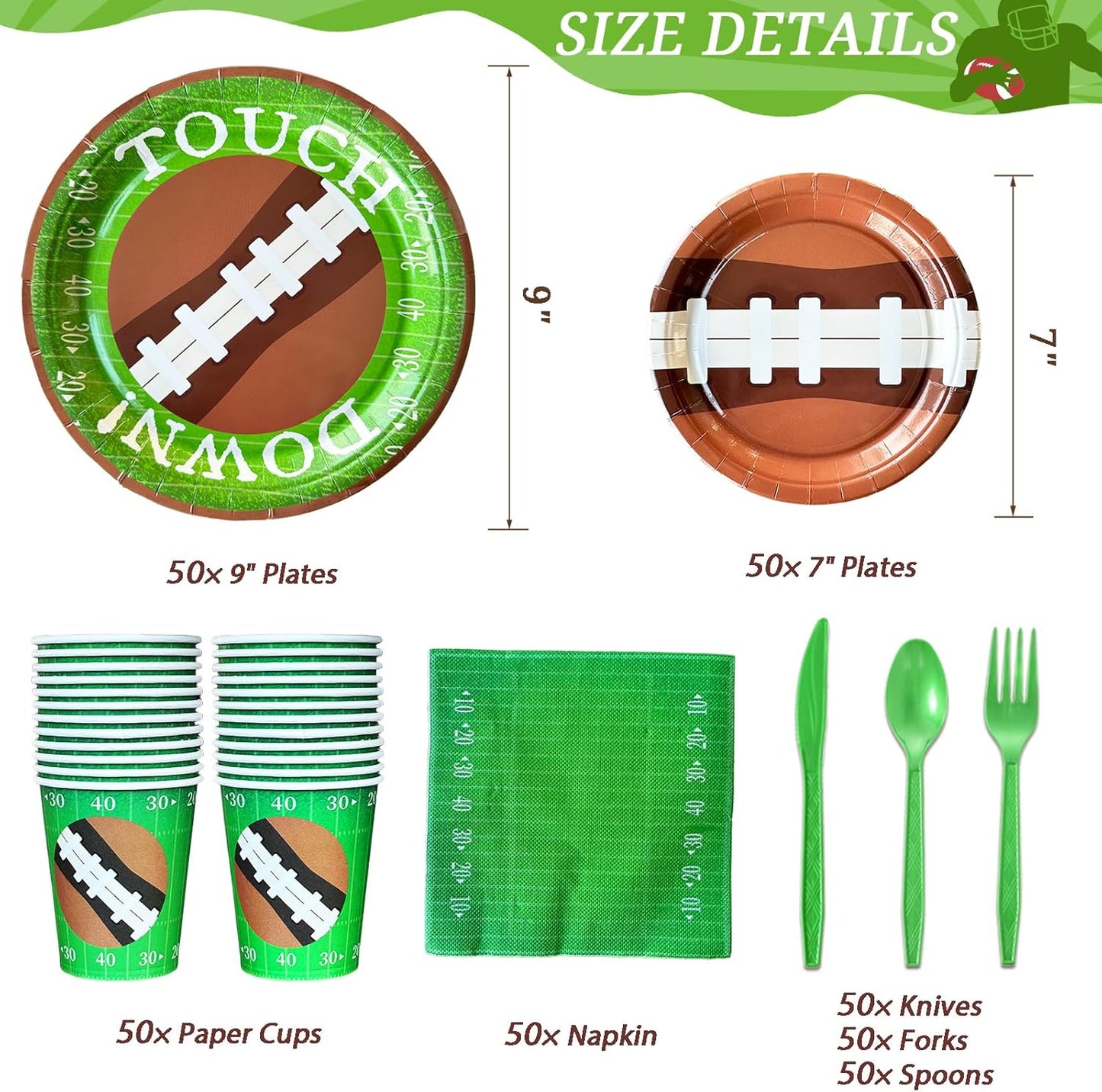 350 PCS Football Party Decorations, Plates and Napkins Sets Includes Plates Dessert Napkins Cups Plastic Knives Forks Spoons Disposable Dinnerware Set For Football Party (50 Guest)