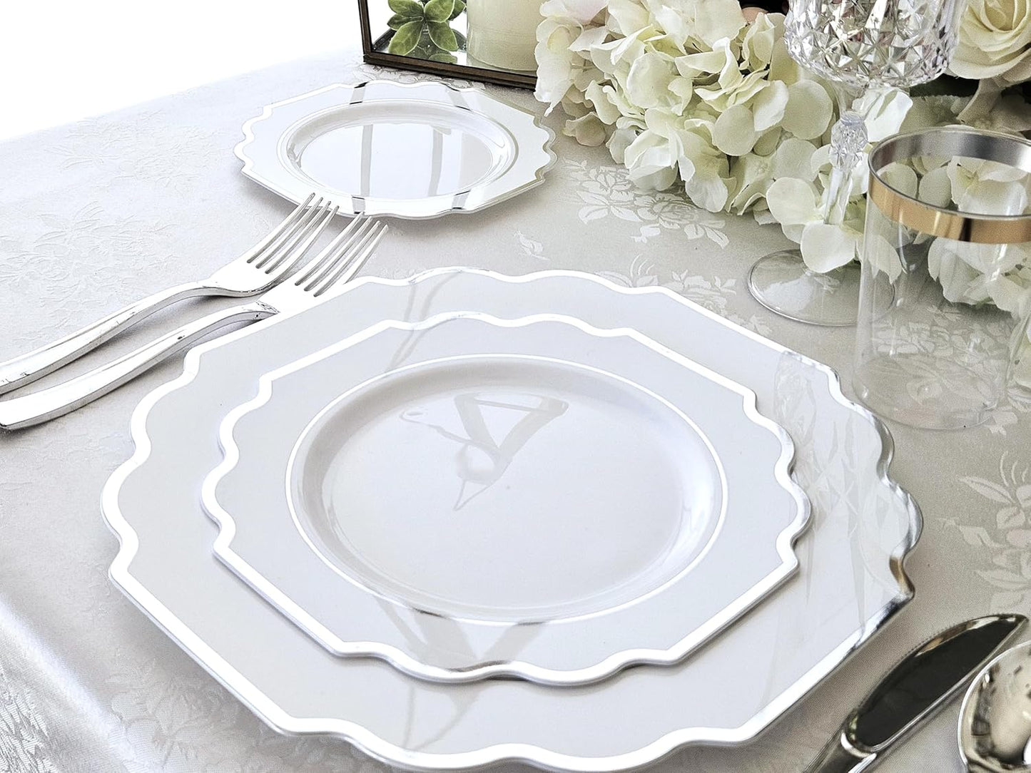 " OCCASIONS " 240 Plates Pack (120 Guests) Heavyweight Wedding Party Disposable Plastic Plates Set -120 x 10.5'' Dinner + 120 x 8'' Salad/Dessert Plate (Imperial in White & Silver Rim)