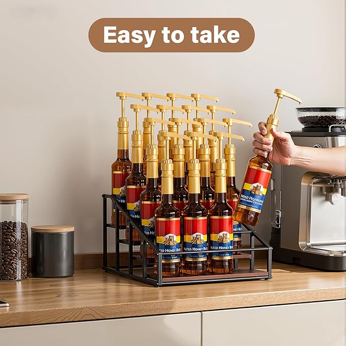 Coffee Syrup Organizer Rack, Liquor Bottle Display Shelf, 4 Tier 16 Syrup Bottles Holder Stand for Coffee Bar Kitchen Small Wine Rack for Family Storage for Syrup Wine Dressing