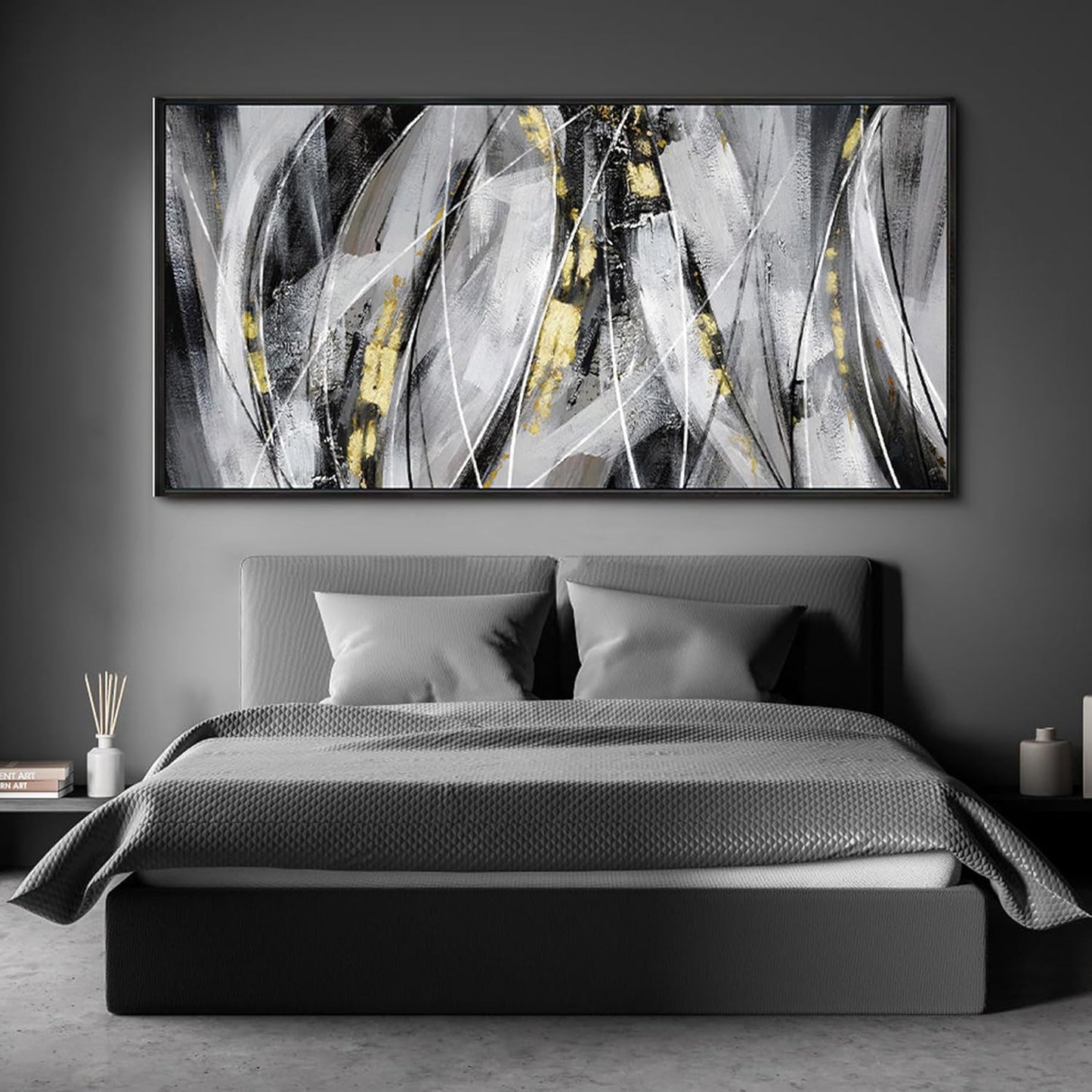 KLAKLA Abstract Frame Wall Art - Black and White Picture for Living Room Black and Gold Framed Artwork Canvas Art Work for Office Home Decor Bedroom Wall Decoration - 58x29 Inches
