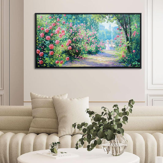 CHATYOUNG Framed Canvas Wall Art, Large Landscape Wall Painting 24"X48" Blooming Roses Spring Wall Art Green Plant Pictures for Living Room Bedroom Kitchen Home Decor Gifts for Women
