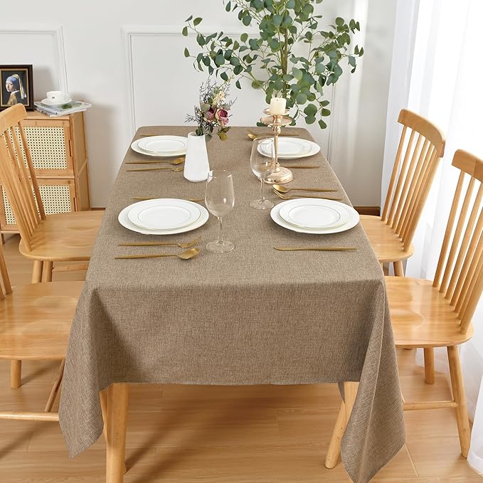 JIUZHEN Rectangle Table Cloth Faux Linen Farmhouse Tablecloth Wrinkle and Stain Resistant Decorative Fabric Table Cover for Kitchen, Dining Room, Parties and Camping, Khaki, 70 x 140 Inch