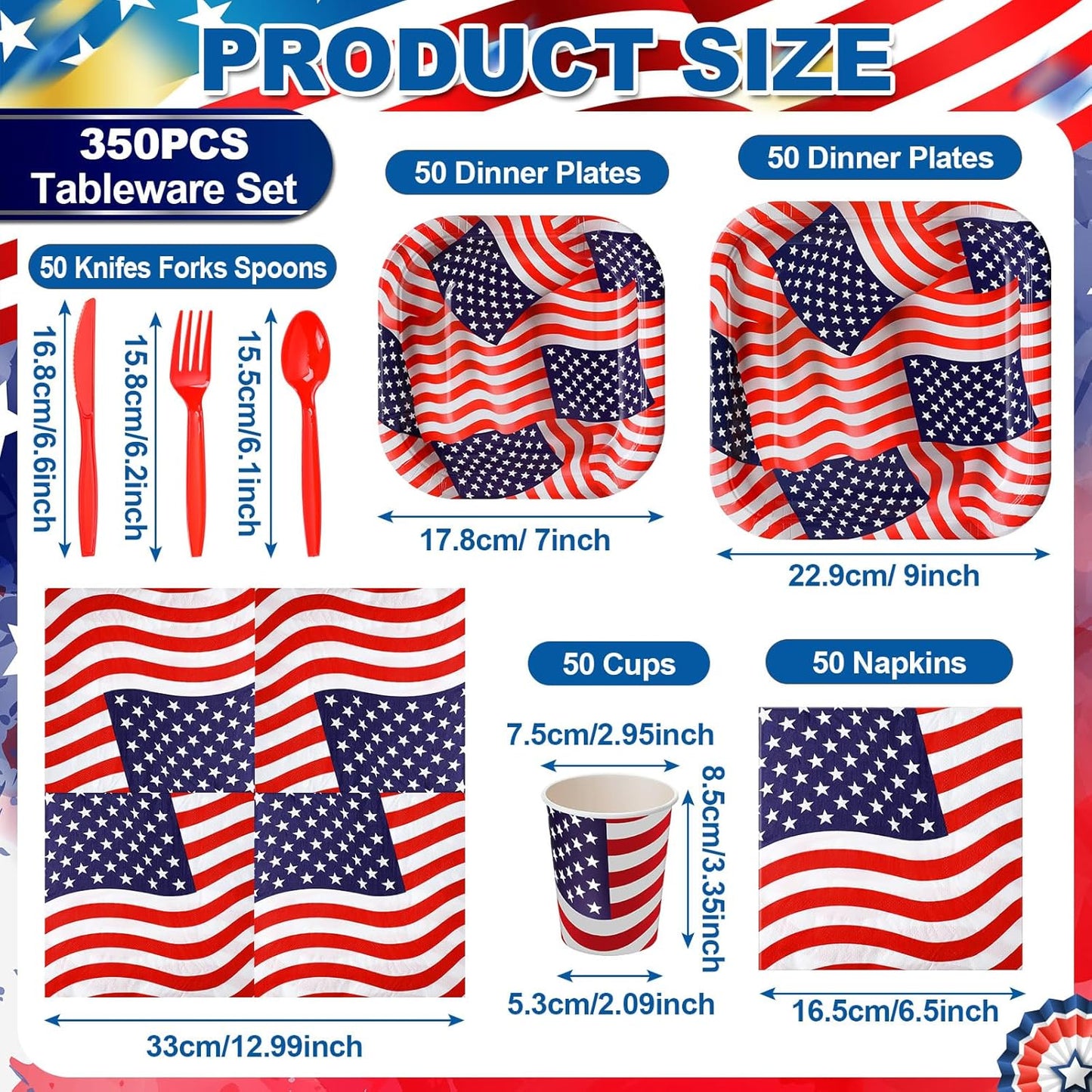 350 Pcs Paper Plates and Napkins Set Disposable Dinnerware Party Supplies Tableware Serve 50 Guest Cups Knife Forks Spoon(Blue,Red,Patriotic)