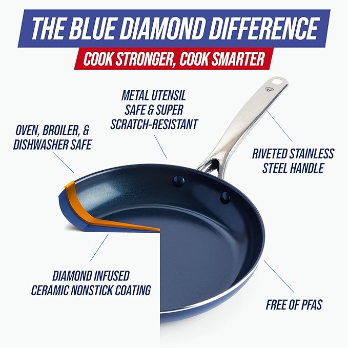 Blue Diamond 12" Nonstick Frying Pan Skillet, Diamond Infused PFAS & PTFE-Free Ceramic Pot, Dishwasher & Oven Safe, Stay Cool Handle, Durable Non Toxic Metal Utensil Safe, Egg & Omelet Pan, Blue