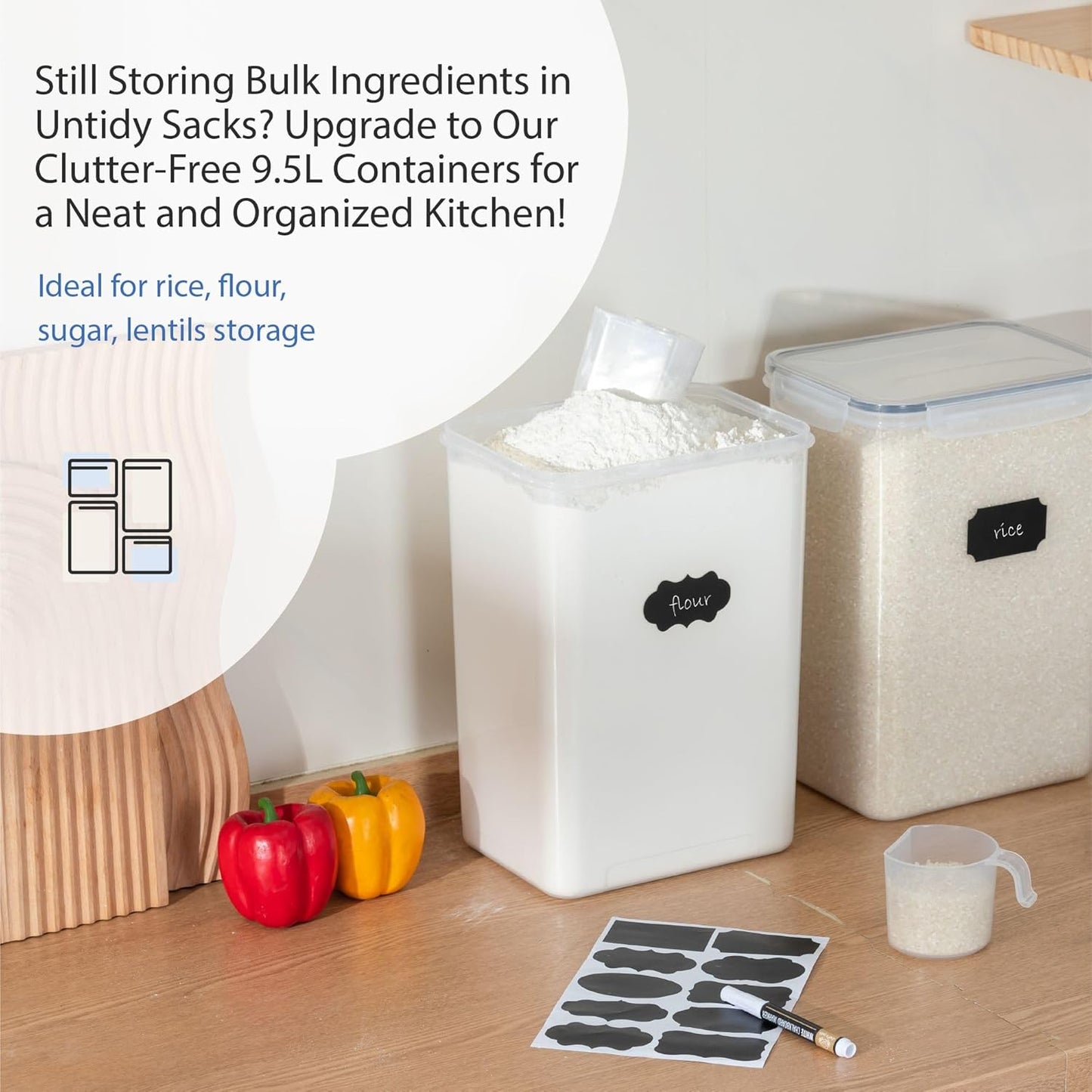 Chef's Path Airtight Food Storage Containers with Measuring Cups, Set of 2, 9.5L, 320Oz, Spacious, Leakproof Design Pantry Canisters for Flour, Sugar, and Bulk Food Storage - Transparent