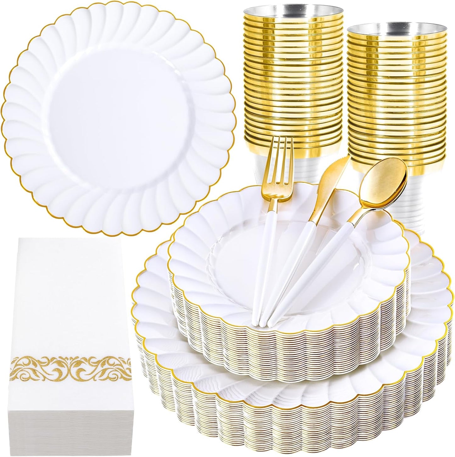 Ciaell 175 PCS White Scalloped Plastic Plates with Gold Trim - Gold Plastic Silverware with Handle - Fancy High-End Dinnerware Sets for Wedding & Showers & Party & Thinksgiving (25 Guests)