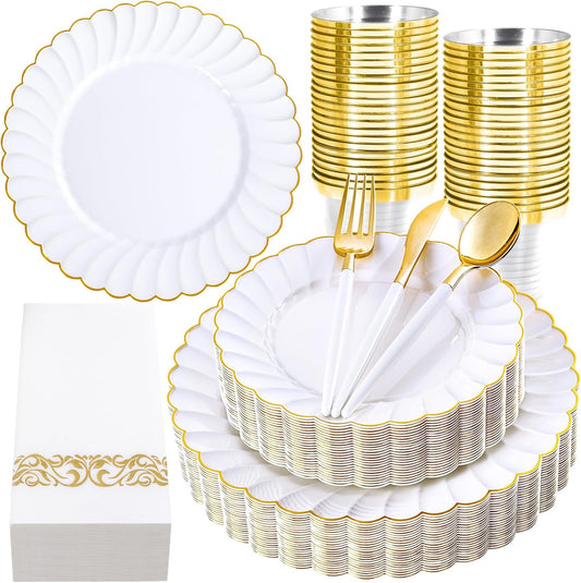 Ciaell 175 PCS White Scalloped Plastic Plates with Gold Trim - Gold Plastic Silverware with Handle - Fancy High-End Dinnerware Sets for Wedding & Showers & Party & Thinksgiving (25 Guests)