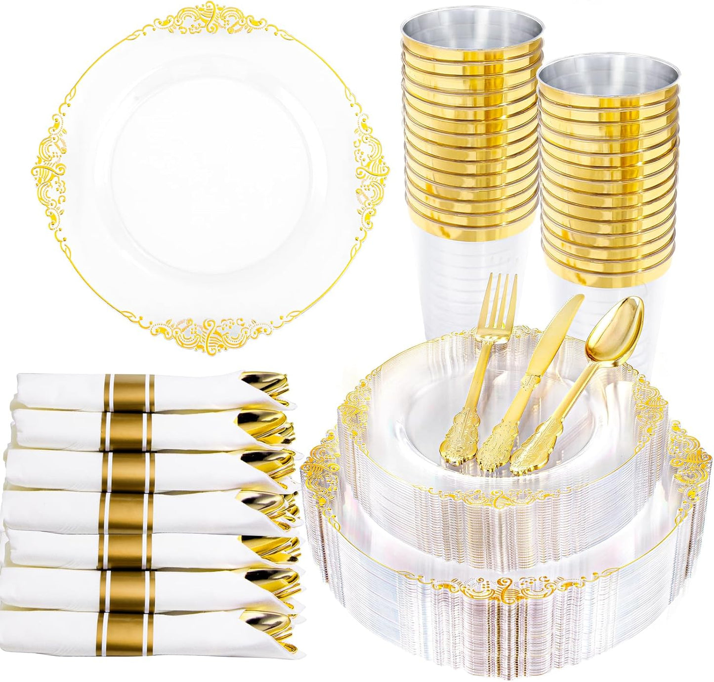 Hioasis 210pcs Clear and Gold Plastic Plates - Elegant Disposable Dinnerware Set Suitable for 30 Guests Include 10.25" Dinner & 7.5" Dessert Plates, Pre Rolled Silverware Set, Cups for Party & Wedding