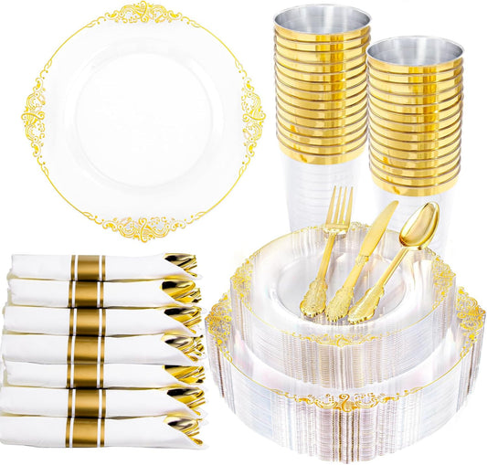 Hioasis 210pcs Clear and Gold Plastic Plates - Elegant Disposable Dinnerware Set Suitable for 30 Guests Include 10.25" Dinner & 7.5" Dessert Plates, Pre Rolled Silverware Set, Cups for Party & Wedding