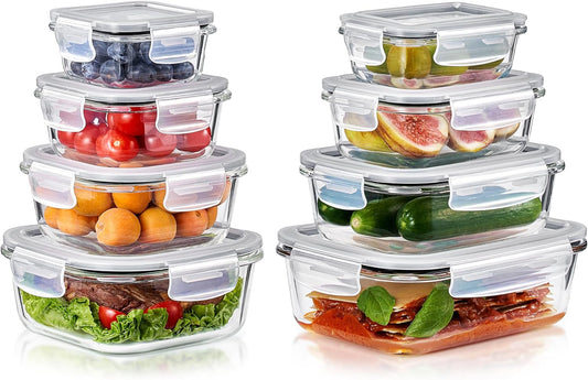 Sorbus 16pc Glass Meal Prep Containers Set – 4 Square and 4 Round Food Storage Containers with Airtight Lids – Freezer, Dishwasher, Oven Safe – Reusable Glass Containers for Meal Prep and Storage