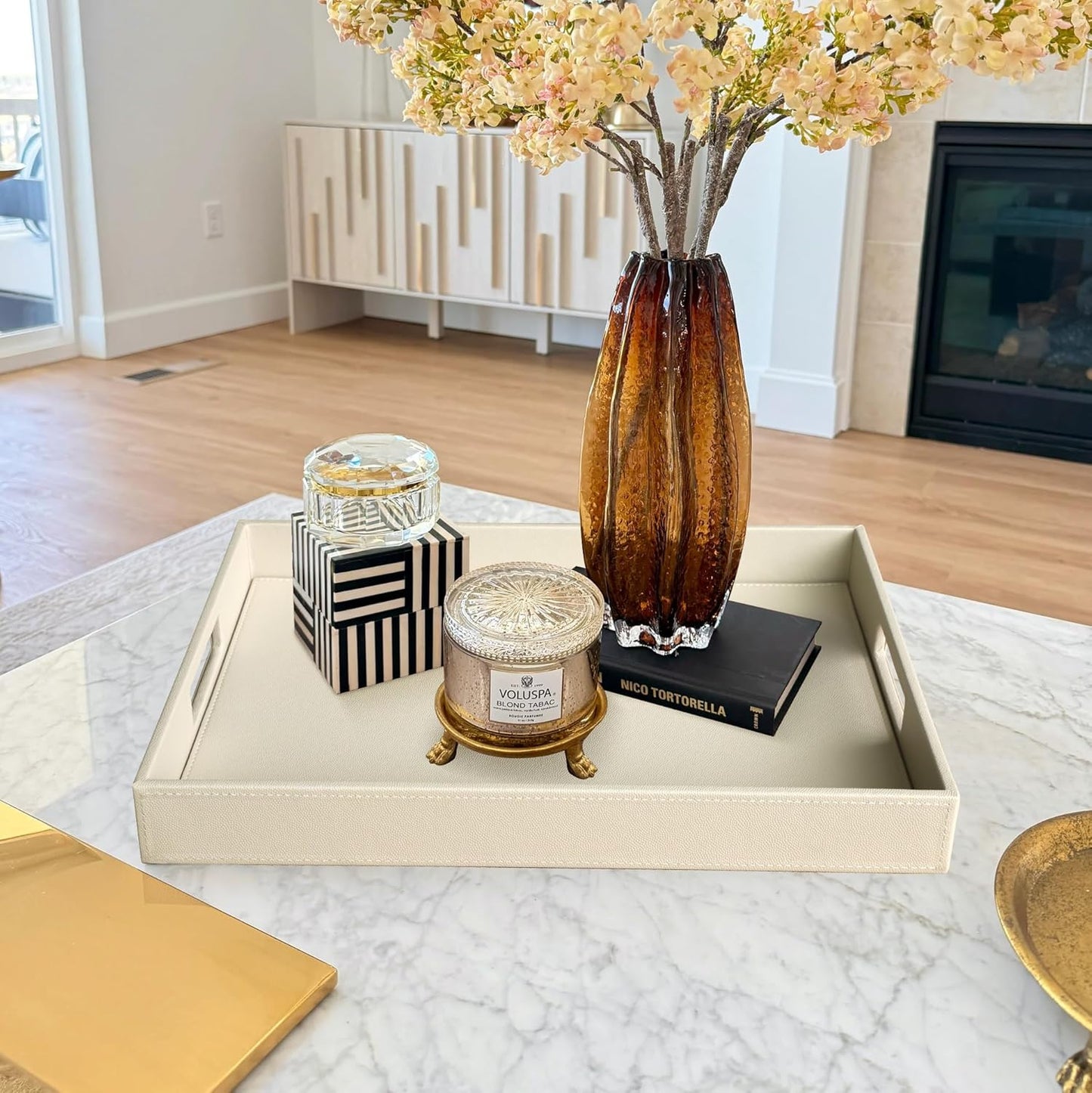 HofferRuffer Rectangle Serving Tray with Hole Handles for Coffee Table, Breakfast, Tea, Food, Butler - Countertop, Kitchen, Vanity Serve Tray, 16.2 x 12.2 x 2 inches, Faux Leather (Dark CreamWhite)