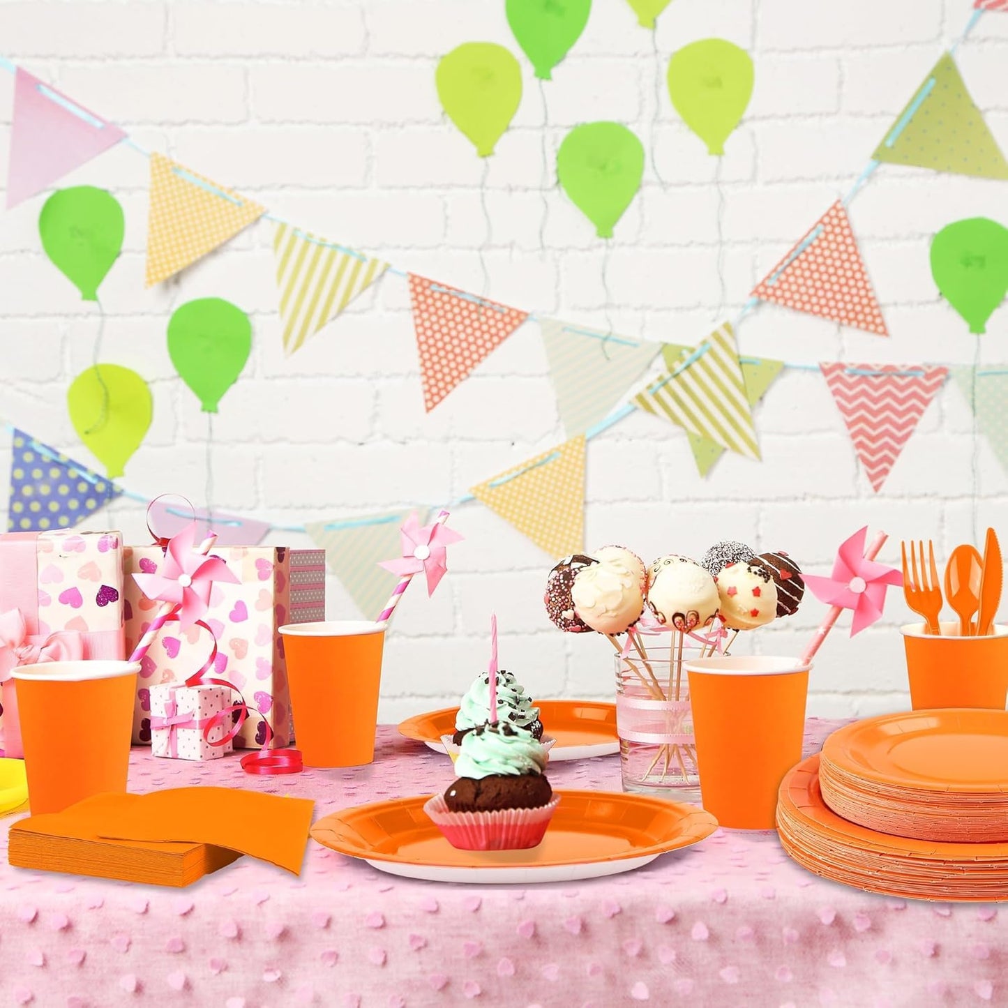 durony 350 Pieces Orange Paper Plates and Napkins 7/9 Inch Disposable Dessert Plates Sever 50 Guests Cup Cutlery Napkins Solid Color Party Supplies for Birthday Wedding Party Family Picnic