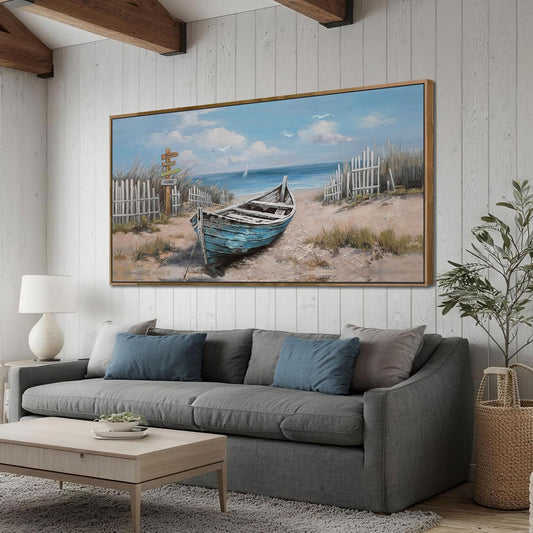 Ardemy Framed Canvas Wall Art Extra Large Boat Bedroom Pictures Wall Decor Living Room, Beach Seascape Paintings Wall Decor Textured Artwork for Kitchen Dining Room Home Office, 40"x20"
