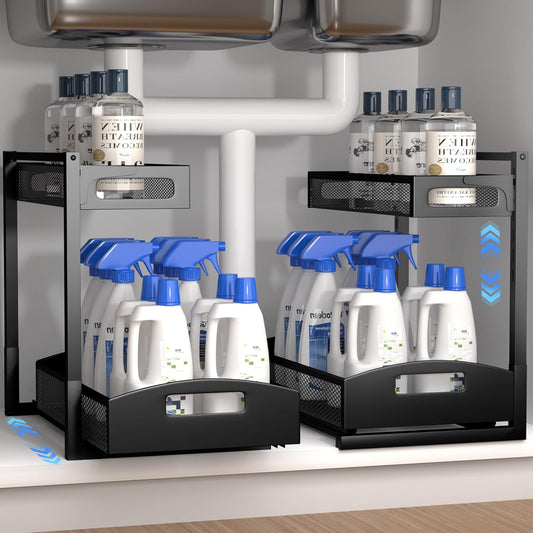 Under Sink Organizer,2 Pack Height Adjustable Under Sink Organizers and Storage, 2 Tier Under Sink Storage for Kitchen Bathroom Cabinet