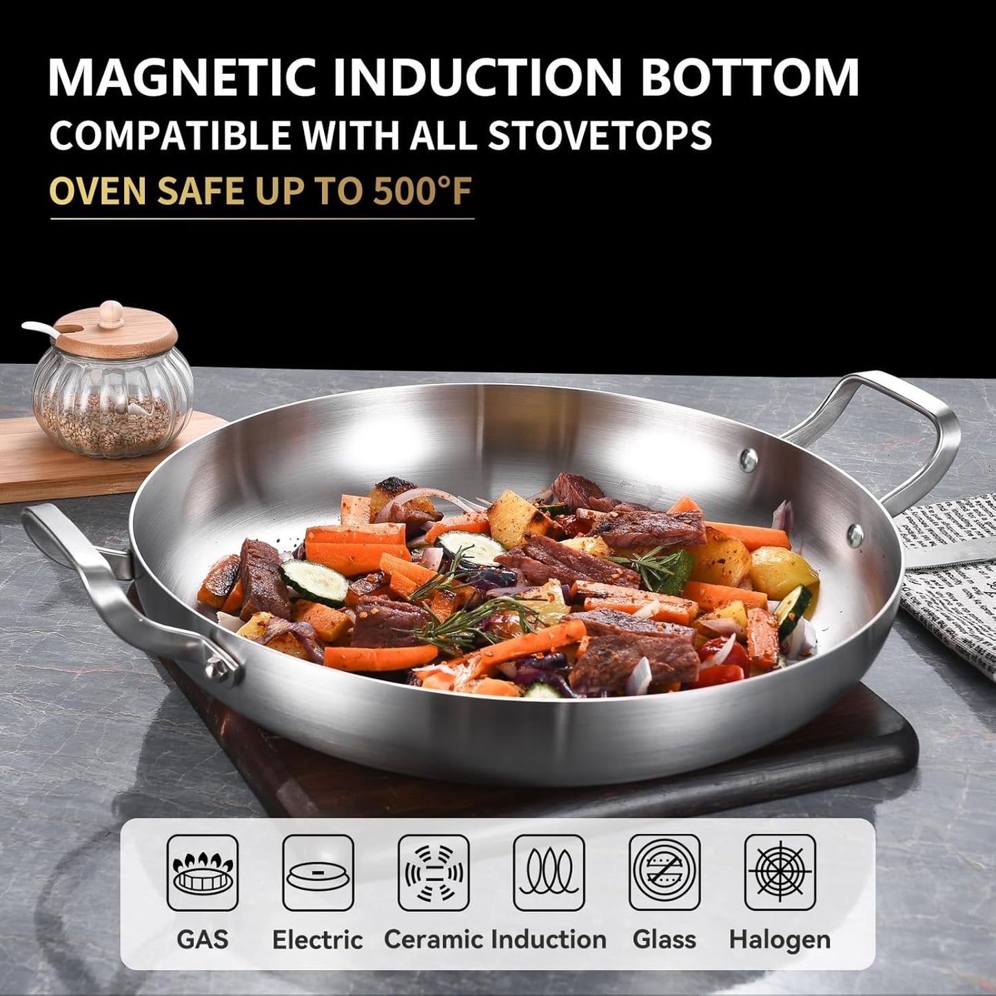 Inqibee 13-Inch Tri-Ply Stainless Steel Paella Pan with Lid,Griddle,Large Skillet,Induction Cooking Pan,Dishwasher and Oven Safe