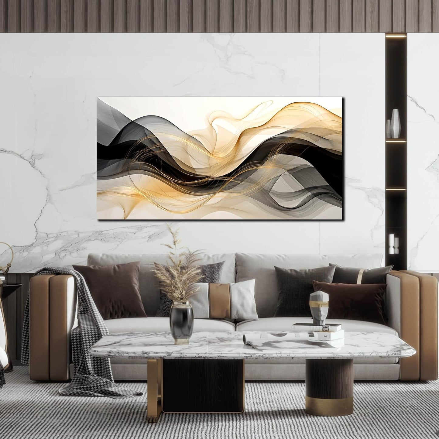 Abstract Canvas Prints Black and White Wall Art Gold Wall Decoration Artwork Decor for Bedroom Dining Room Home Office Kitchen 24x48 Modern Art Decor